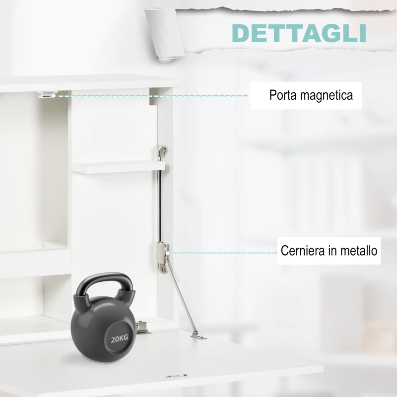 HOMCOM Scrivania a Muro Pieghevole e Salvaspazio con Ripiani, per Casa e Ufficio, in Truciolato e MDF, 60x21.5x50 cm, Bianco