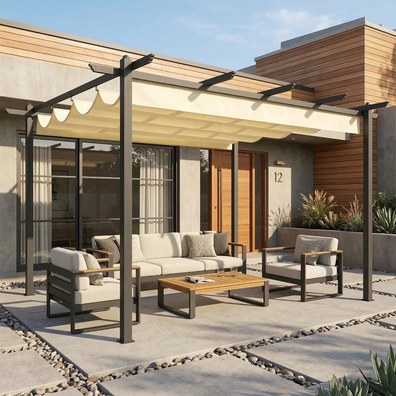 Outsunny Pérgola de Jardín 4x3 m con Techo Retráctil Estructura de Aluminio UPF30+ Orificios de Drenaje Pabellón Exterior Crema