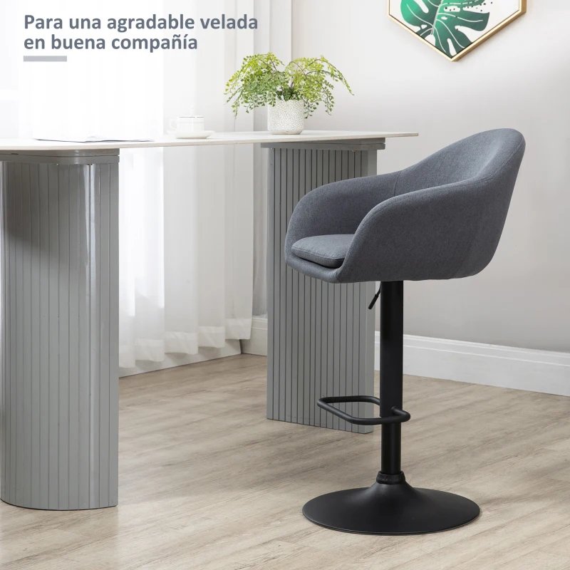 HOMCOM Taburete de Bar Regulable Tapizado de Tela con Reposapiés y Pata de Acero Carga 110 kg 54x54x92-112 cm Gris Oscuro