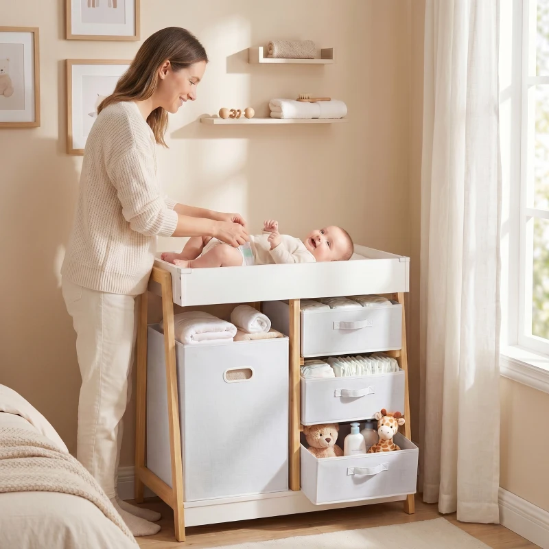 AIYAPLAY Baby Changing Table, Baby Changing Unit with 3 Drawers, Large Basket and Waterproof Pad for Bedroom Nursery, White