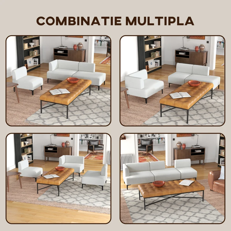 HOMCOM Canapea Moderna Modulabila cu 3 Sectiuni, Canapea Sectionala din Stofa cu Picioare din Otel, 250x75x70cm, Alb Crem