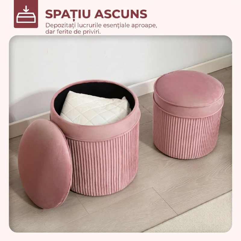 HOMCOM Set 2 Taburete Rotunde Stivuibile și Tapițate, cu Huse din Catifea și Spațiu de Depozitare de 34.8L, Roz