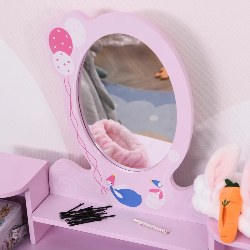 HOMCOM Coiffeuse Enfant Table de Maquillage avec Tabouret, 1 tiroir, Miroir 59 x 39 x 92 cm Bois Rose