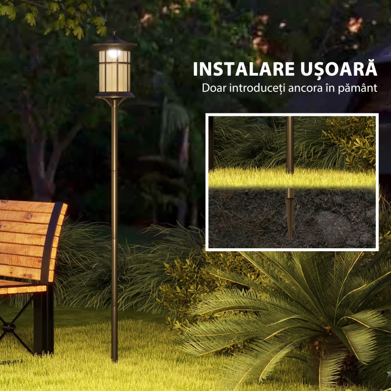Outsunny Set 2 Lămpi Solare cu Autonomie de 6h și Fixare în Sol, din Oțel Inoxidabil și ABS, 23,5x23,5x184 cm, Negru