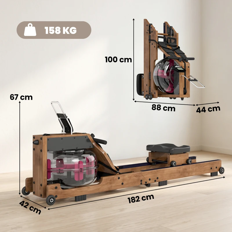 SPORTNOW Rameur à Eau Rameur Appartement Pliable Double Rail Aluminium Capacité 158kg Connexion Bluetooth 182x42x67cm Chêne