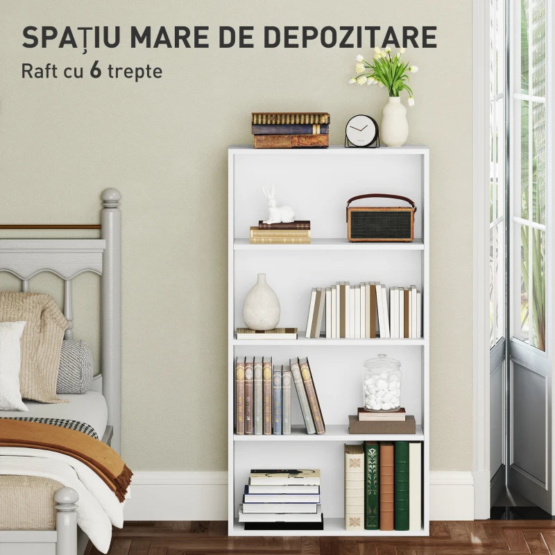HOMCOM Bibliotecă cu 4 Rafturi și 2 Rafturi Flexibile, din Lemn, 60x24x115.5 cm, Alb
