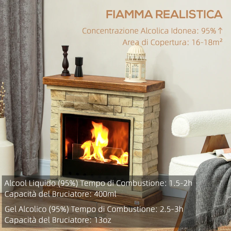 HOMCOM Camino a Bioetanolo con 3 Bruciatori Durata 1.5-3 Ore, Capacità 1.2L e Copertura 16-18㎡, 63.5x24x66cm, Marrone