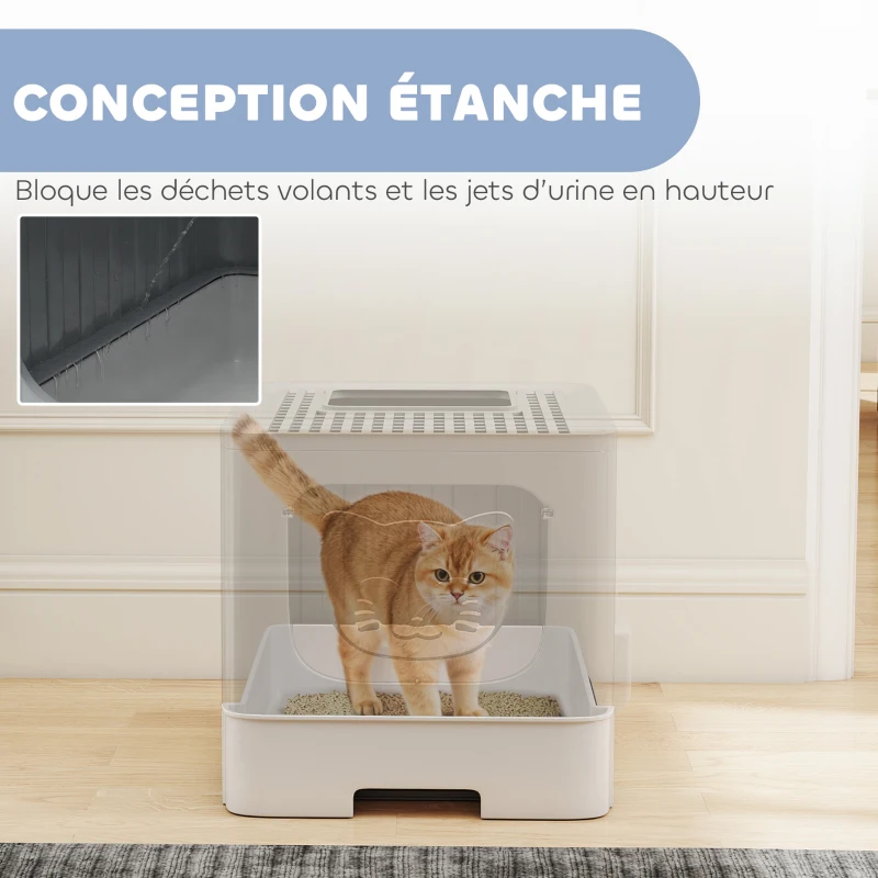 PawHut Maison de Toilette pour Chat, Tiroir Coulissant, Couvercle, 2 Portes Réglables, Pelle, Détachable, 48x38x38,5cm, Gris