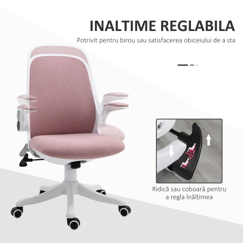 Vinsetto Scaun de Birou Ergonomic Reglabil pe Înălțime, din Material cu Efect de Catifea, 62.5x60x94-104 cm, Alb și Roz
