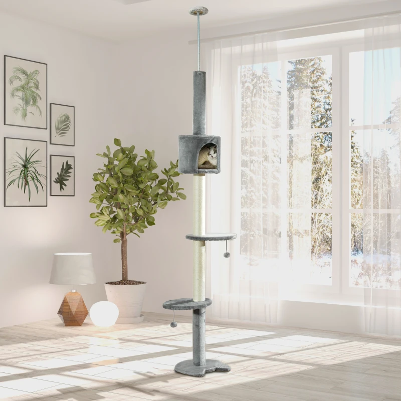 PawHut Árbol Rascador para Gatos Rascador para Fijar al Techo Altura 255 cm con Plataformas Cueva Postes de Sisal Bolas Colgantes Gris Claro