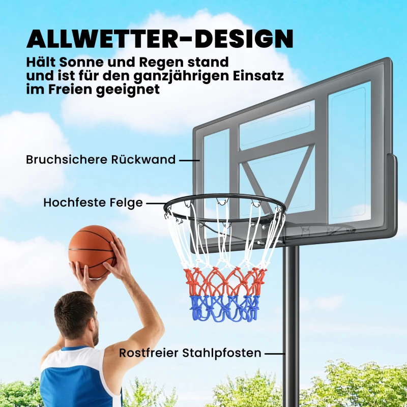 SPORTNOW Basketballkorb Outdoor 135-305cm schnell Höhenverstellbar Basketballständer mit 110x70cm bruchsichere Rückwand 2 Rädern