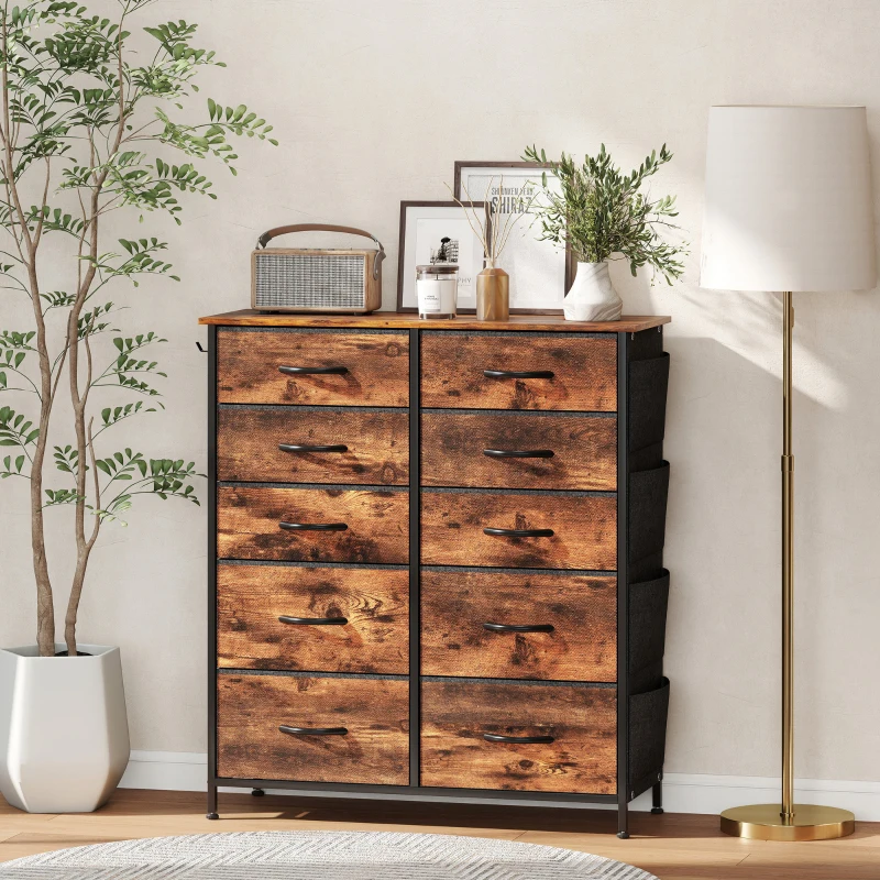 HOMCOM Chest of Ten Fabric Drawers - Rustic Brown