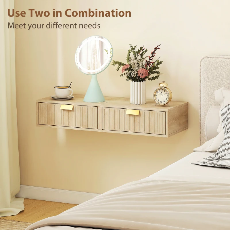 HOMCOM Modern Floating Nightstands Set of 2, Wall Mounted Bedside Tables with Wave Drawer Oak