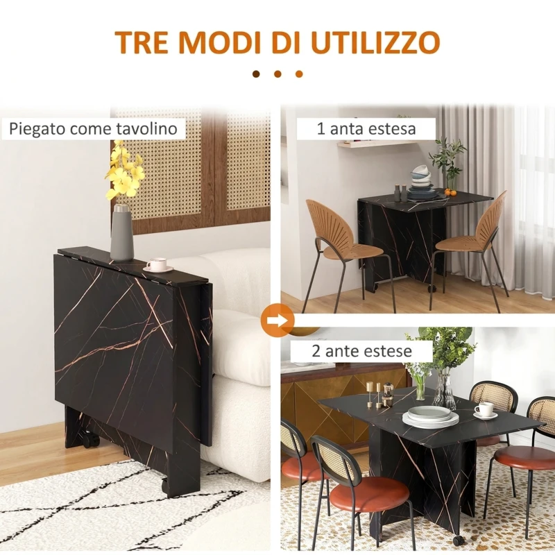 HOMCOM Tavolo da Pranzo Pieghevole per 2-6 Persone, 120x80x73 cm con Ruote, Salvaspazio per Soggiorno Sala da Pranzo, Nero Effetto Marmo