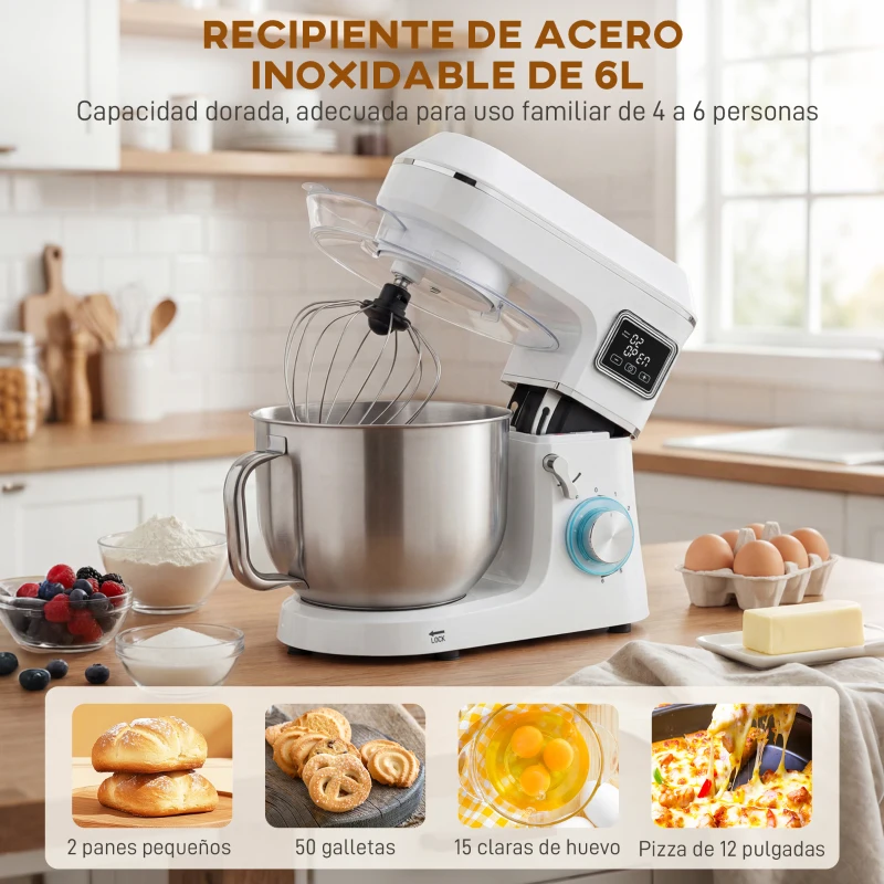 HOMCOM Batidora Amasadora 6L 1400W con Cabezal Inclinable 6 Velocidades Función de Fermentación Pantalla LED Blanco