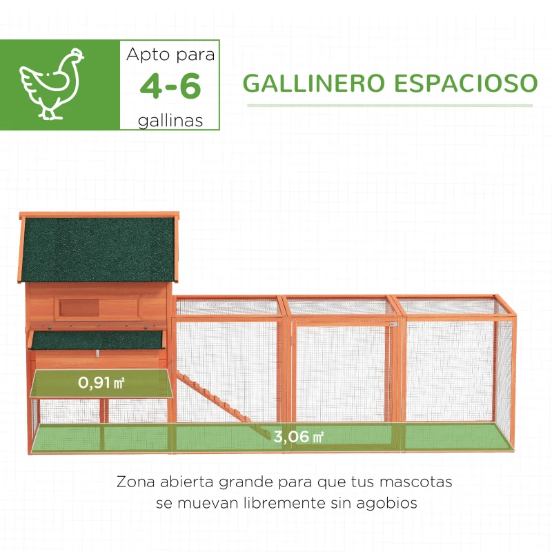 PawHut Gallinero de Madera Grande Exterior con 2 Nidos Corral Techo Asfáltico Bandeja Extraíble y Rampa 347x160x150 cm Naranja