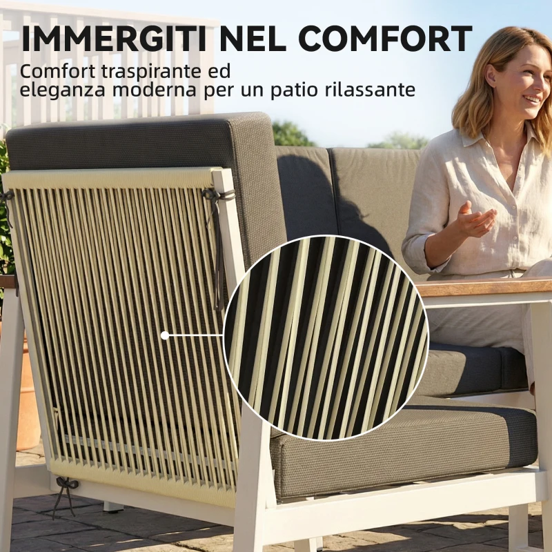 Outsunny Set Divani Giardino 4 Persone: 2 Poltrone, Divanetto, Tavolino.