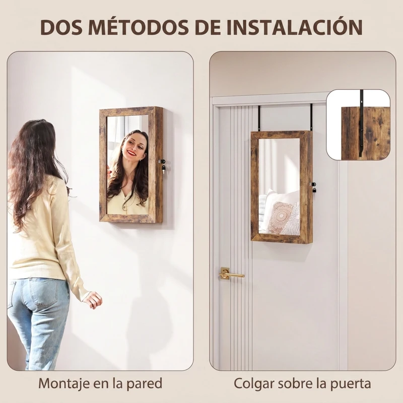 HOMCOM Espejo Joyero de Pared con Cerradura y Varios Compartimentos Montar en Pared o Puerta Marrón Rústico y Forro Negro