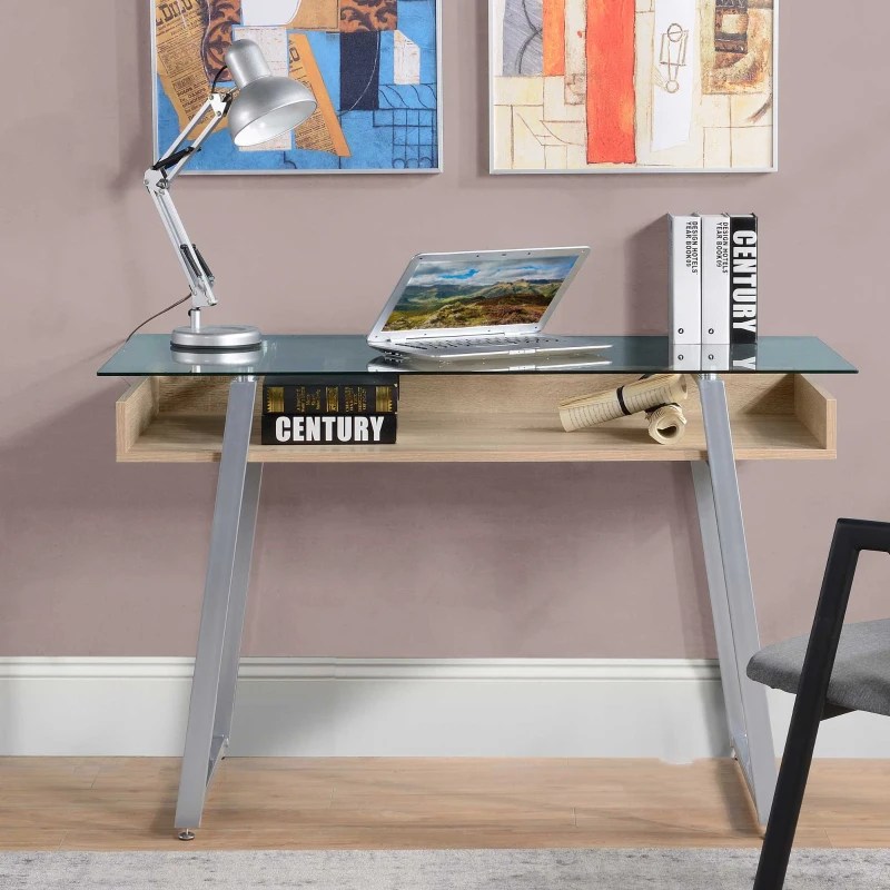 HOMCOM Bureau d'Ordinateur Table Informatique avec Plateau Verre Trempé Étagère de Rangement Support en Métal 120 x 60 x 74,5 cm