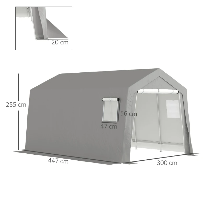 Outsunny Abri de Rangement Extérieur 3 x 4,5 m, tente de stockage étanche et anti-UV, porte enroulable, fenêtres, gris