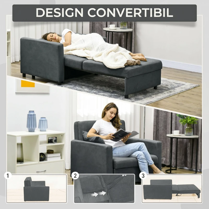 HOMCOM Poltrona Letto in Tessuto Effetto Velluto Grigio con 2 Cuscini e Spazio Contenitore, 100x98x88 cm