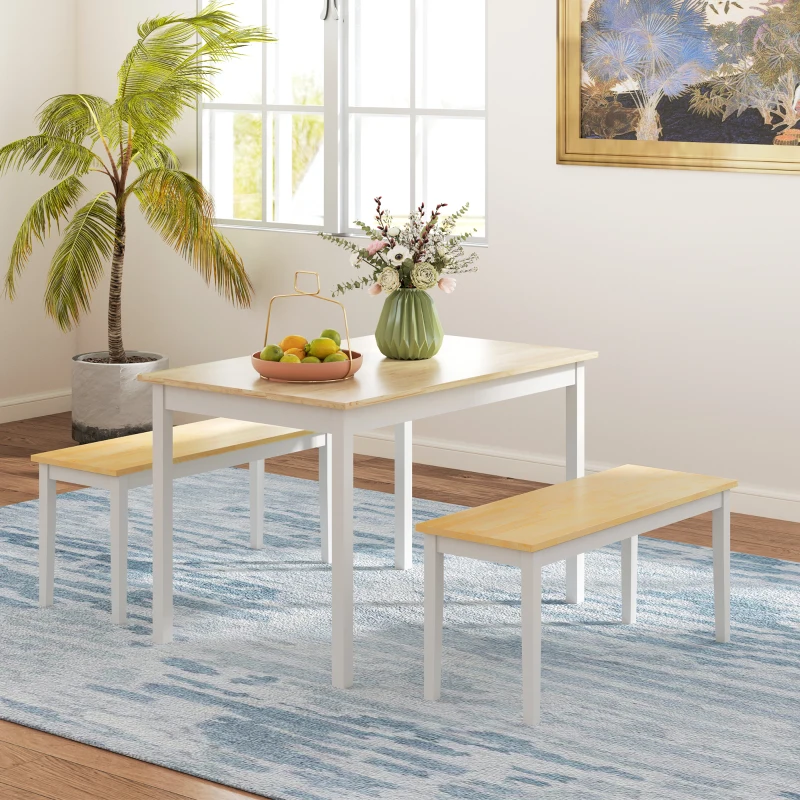 HOMCOM Dining Table and Bench Set, Farmhouse Kitchen Table and Bench with Wooden Frame for Living Room, Dining Room, Natural and White