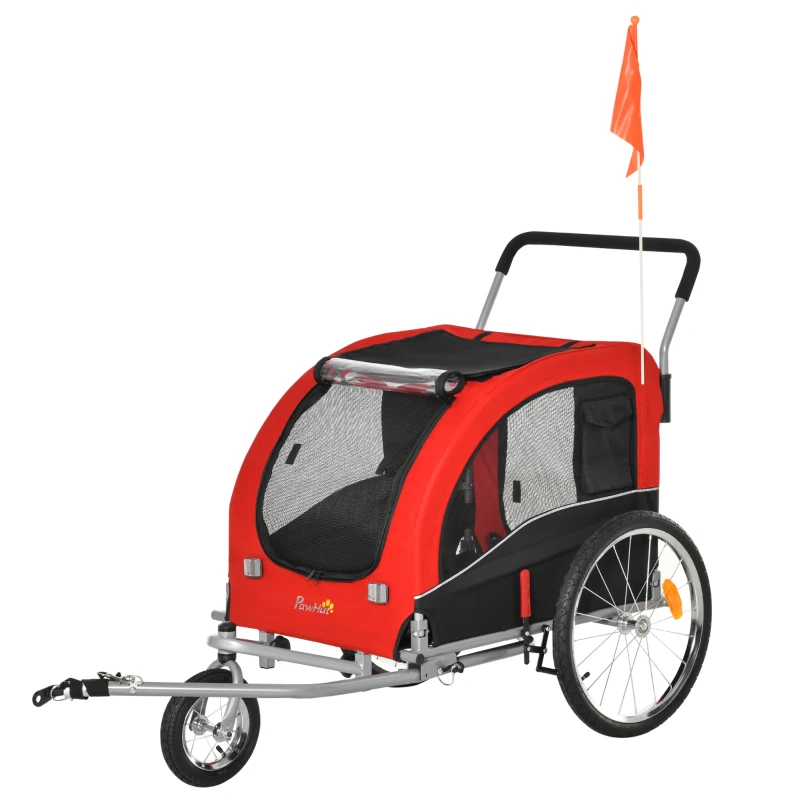 PawHut Remorque à vélo et poussette pour animaux de compagnie conception 2 en 1 pliable en tissu Oxford 4 réflecteurs drapeau inclus 162 x 74 x 85 cm rouge et noir