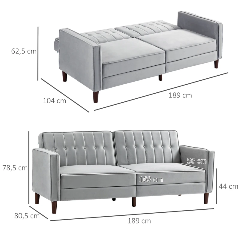 HOMCOM Sofá Cama de 3 Plazas Sofá Cama Convertible de Terciopelo con Respaldo Reclinable y Patas de Madera 189x80,5x78,5cm Gris