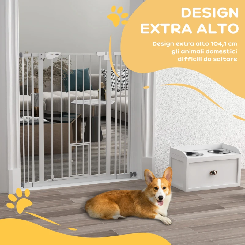 PawHut Cancellino per Cani Regolabile Alto con Porta Piccola e Chiusura Automatica, 74-101x104cm, Bianco