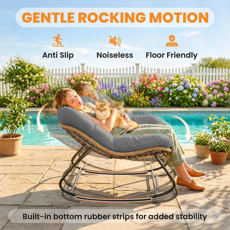 Outsunny Indoor Outdoor Rocking Chair, Oversized Rocking Egg Chair with Cushion for Living Room, Garden, Patio, Grey