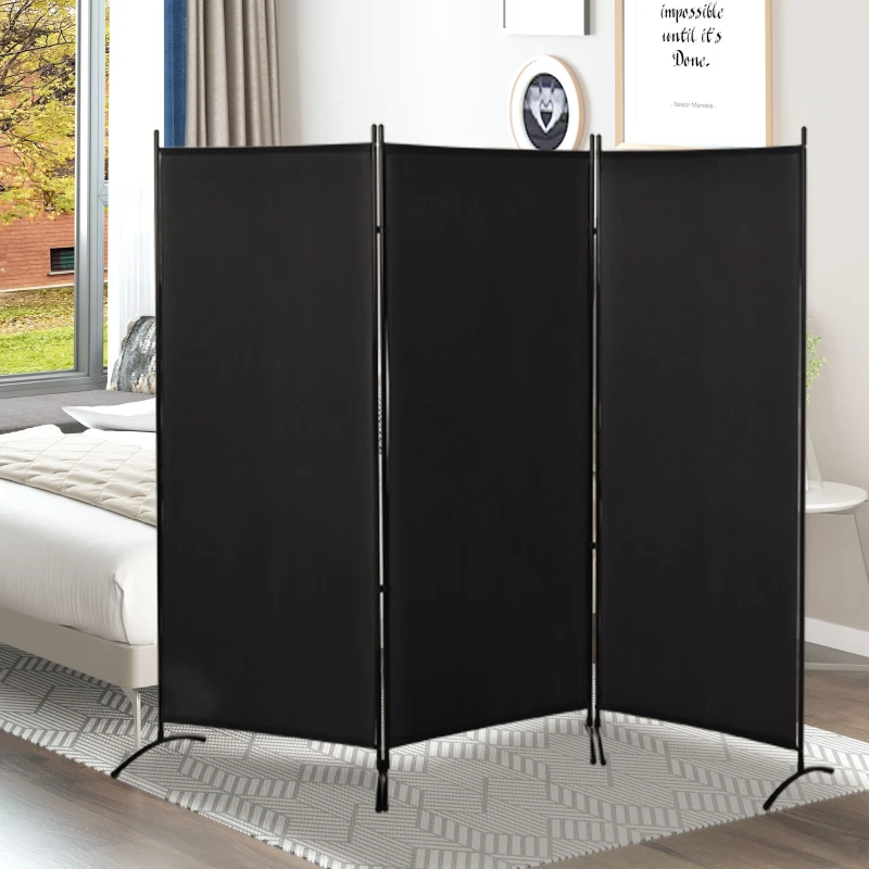 HOMCOM Paravento Separé da Interno a 3 Pannelli Pieghevole in Metallo e Poliestere, 253x50x182 cm, Nero