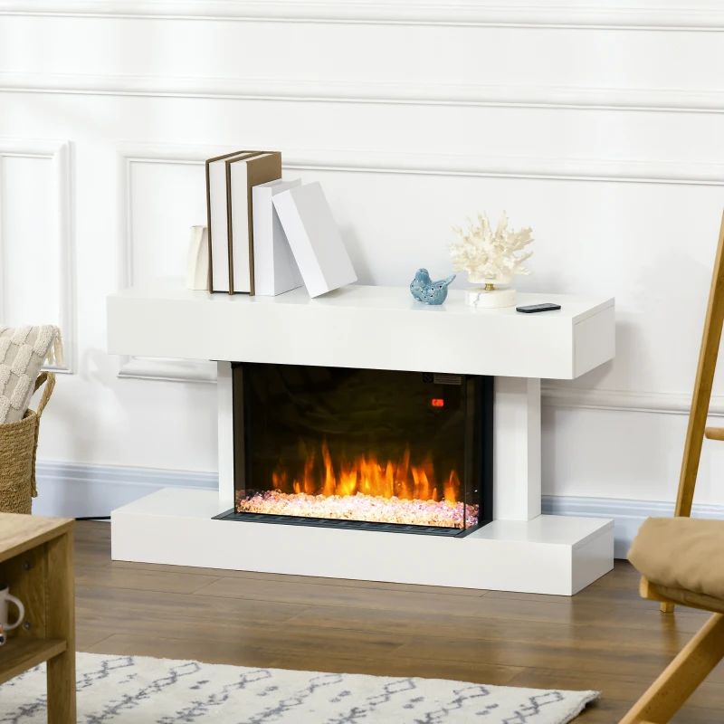 HOMCOM Chimenea Eléctrica 1000W/2000W con Temperatura Ajustable Silencioso Temporizador 15-25 m² 98x27x54,5 cm Blanco