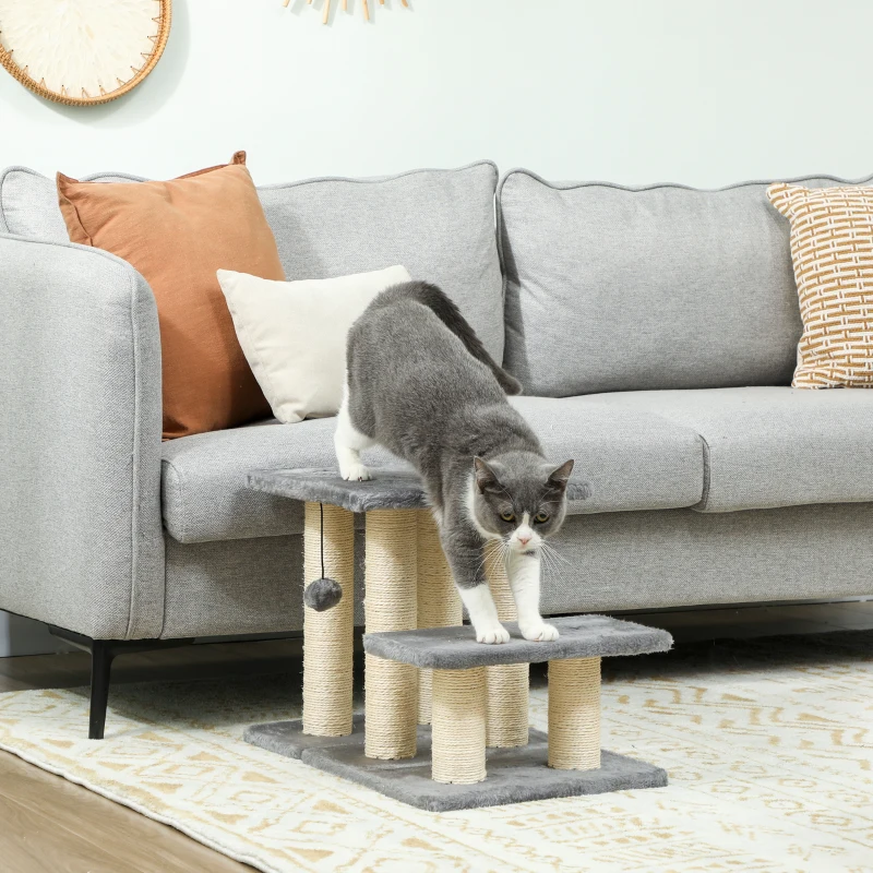 PawHut Escada para Gatos de 3 Degraus Altura Ajustável com Postes para Arranhar e Bola Pendurada Carga 10 kg 52x34,5x54 cm Cinzento