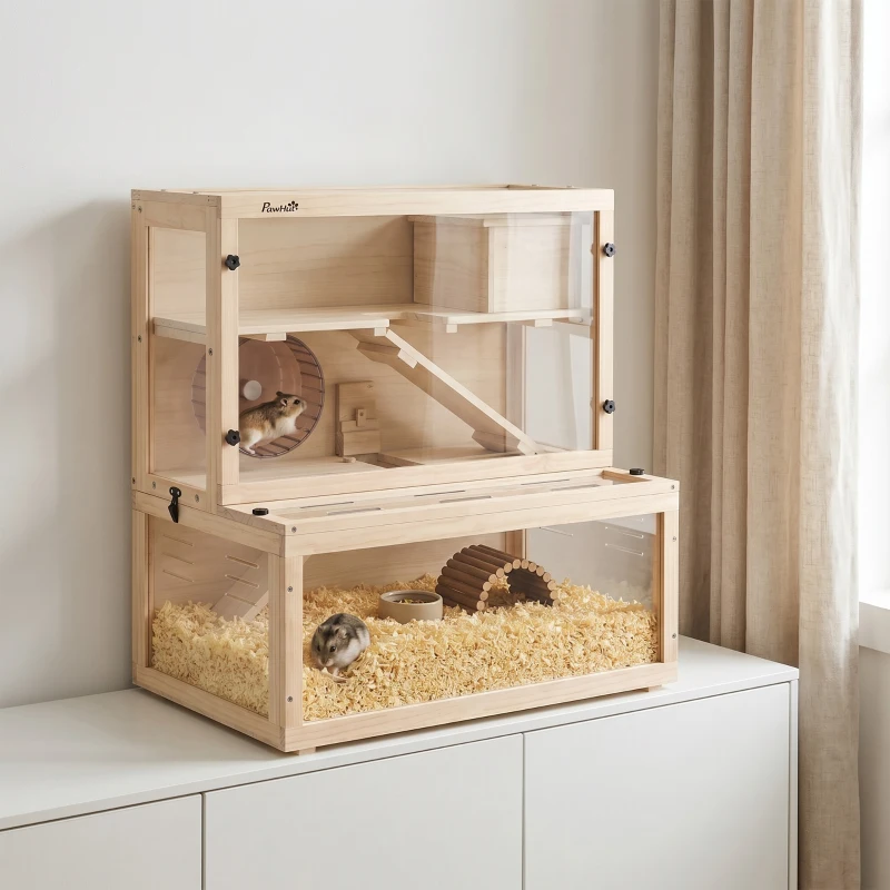 PawHut Wooden Hamster Cage with Hut, Wheel, Ramps, Removable Viewing Panels, 80 x 50 x 84 cm, Natural