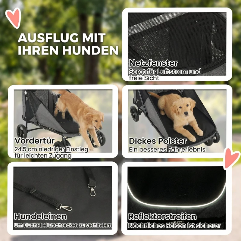 PawHut Hundewagen Faltbar Hundebuggy für große Hunde bis 30 kg mit 360°Drehrädern Netzfenster Kissen Verstellbarer Griff Grau