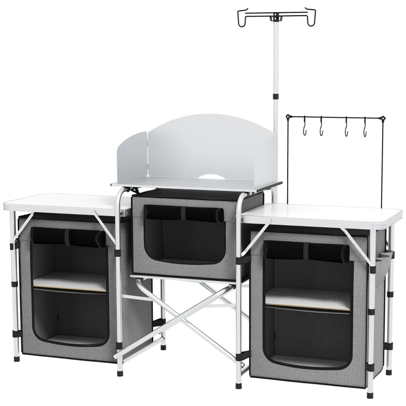 Outsunny Campingküche, klappbar, Windschutz, 3 Stofffächer, Aluminiumrahmen, 172x48x130cm, Grau/Silber