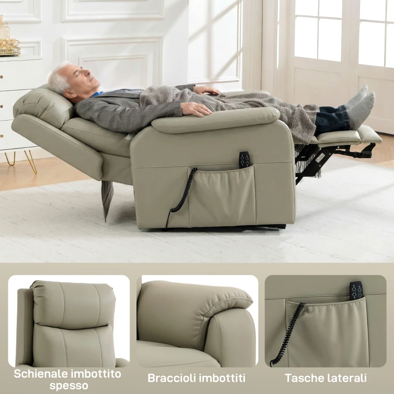 HOMCOM Poltrona Elettrica Alzapersona Reclinabile 170° in Pelle Finta Traspirante con 2 Motori, Telecomando, 4 Ruote, Freno, Poggiapiedi, Tasche Laterali, Crema