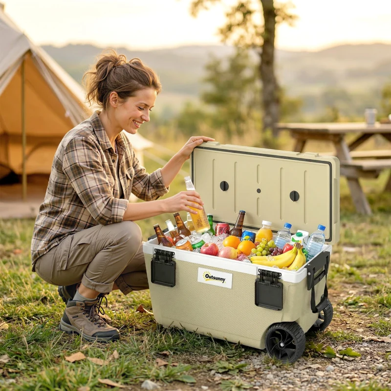 Outsunny 70L Insulated Cool Box with Wheels, Portable Ice Cooler with Handle, Lid and Drain Valve, Khaki
