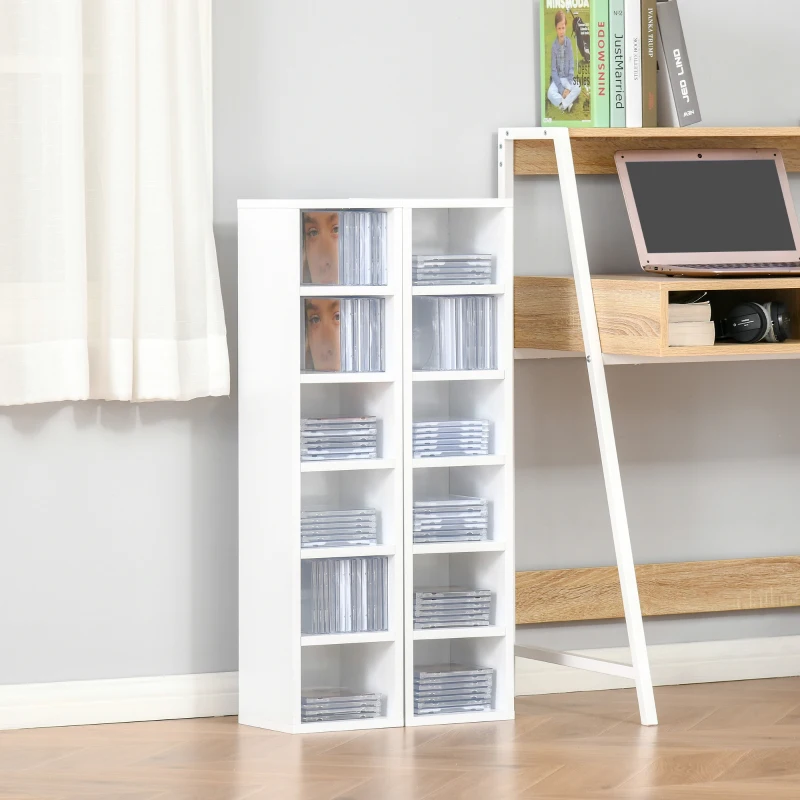 HOMCOM CD-Ständer 2er Set CD-Regal Holzregal Standregal mit 12 offenen Ablagefächern Medienrega Dekoregal Aufbewahrung Weiß 21 x 19,2 x 88,3 cm