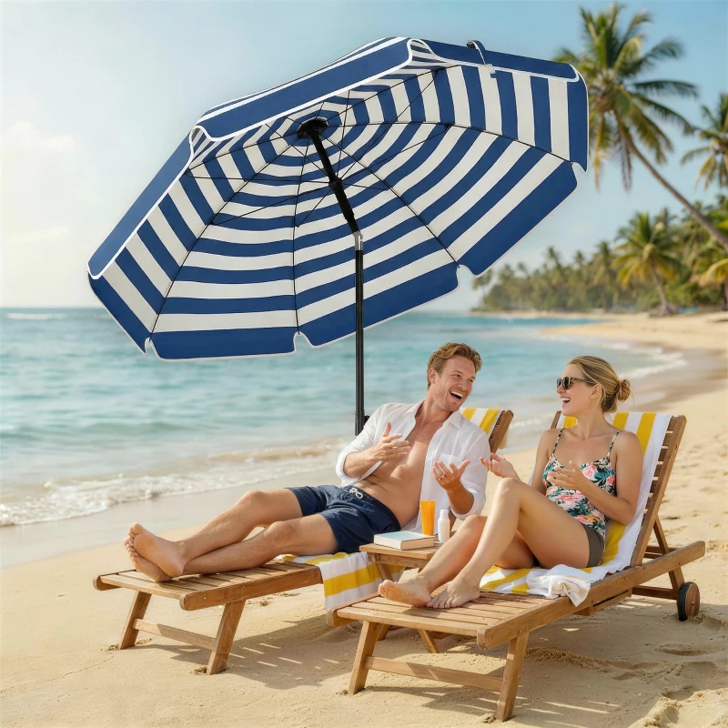 Outsunny 1.8 m Beach Umbrella Parasol with Sand Anchor, Portable 30° Tilting Patio Sun Shade with Adjustable Height, Blue/White