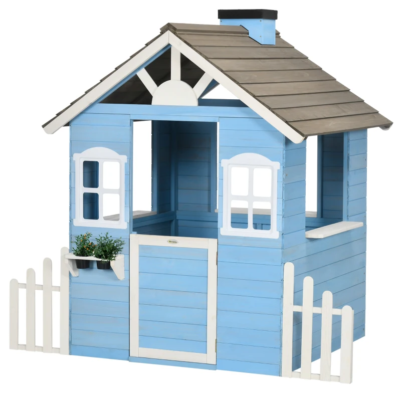 Outsunny Casa de Madeira para Crianças com Porta Janelas Vasos e Cercas Laterais 151x112,5x142 cm Azul