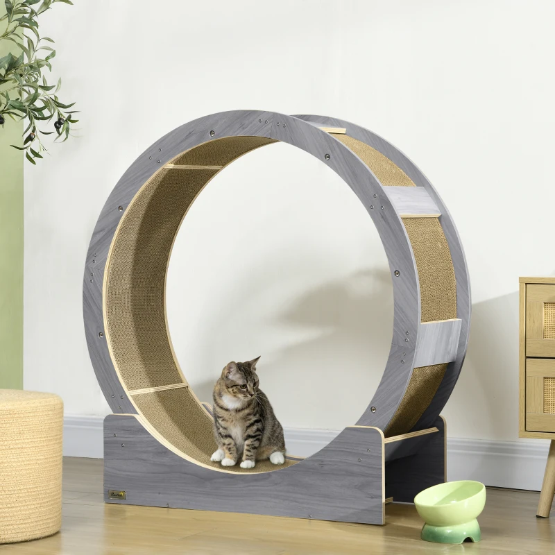 PawHut Katzenlaufrad, Laufrad für Katzen, 91 cm, mit Bremse, Kratzmatte, Katzenrad für gesunde Bewegung, Walnuss(m-10)