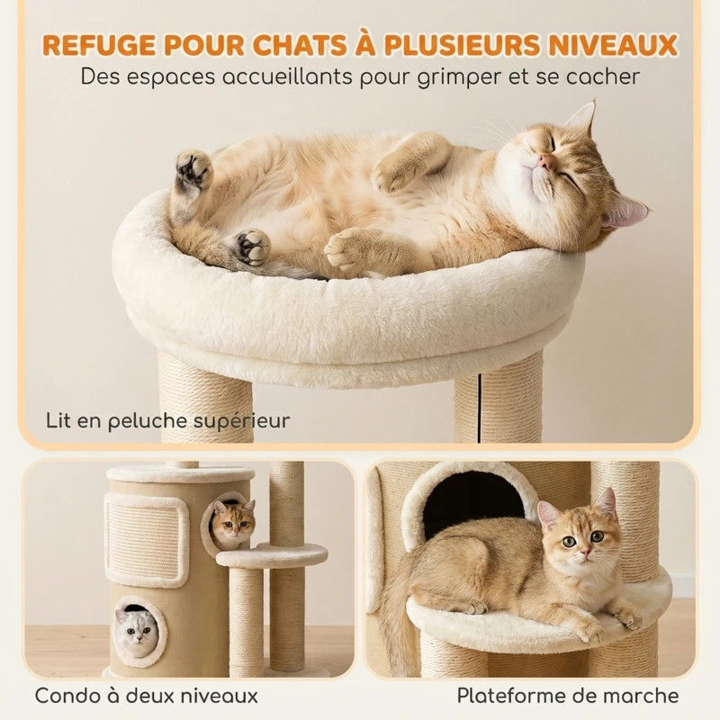 PawHut Arbre à Chat Multi-Niveaux avec Double Niche, Lit, Plateforme, Tapis & Poteaux à Griffer en Sisal, 55x39x90cm, Beige