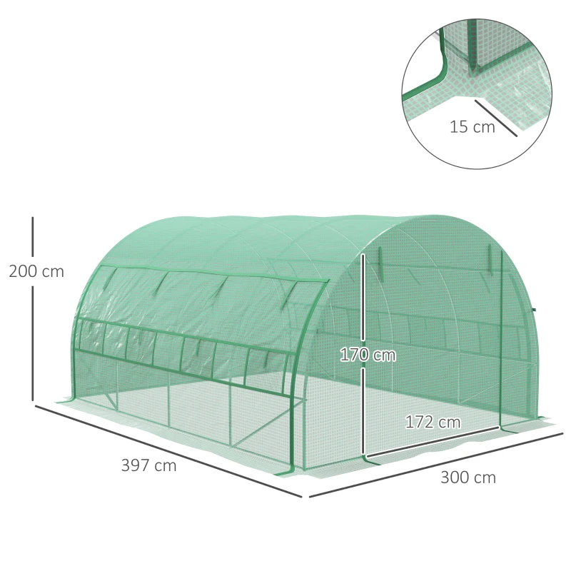 Outsunny Invernadero de Túnel 4x3x2 m con Puerta y 8 Ventanas de Malla Enrollables Invernadero de Huerto para Patio Jardín Verde