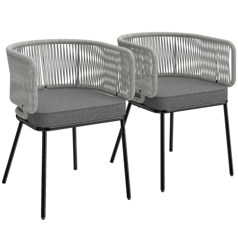 Outsunny Lot de 2 Fauteuils de Jardin, Dossier et Accoudoirs en Corde Résine Tressée, Coussins Amovibles, 46x58x72cm, Gris Clair