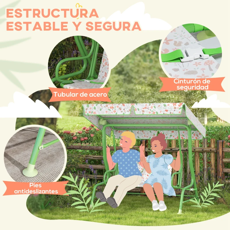 AIYAPLAY Columpio de Jardín Exterior para Niños de +3 Años con Toldo Ajustable Arnés de Seguridad 112x75x120 cm Verde