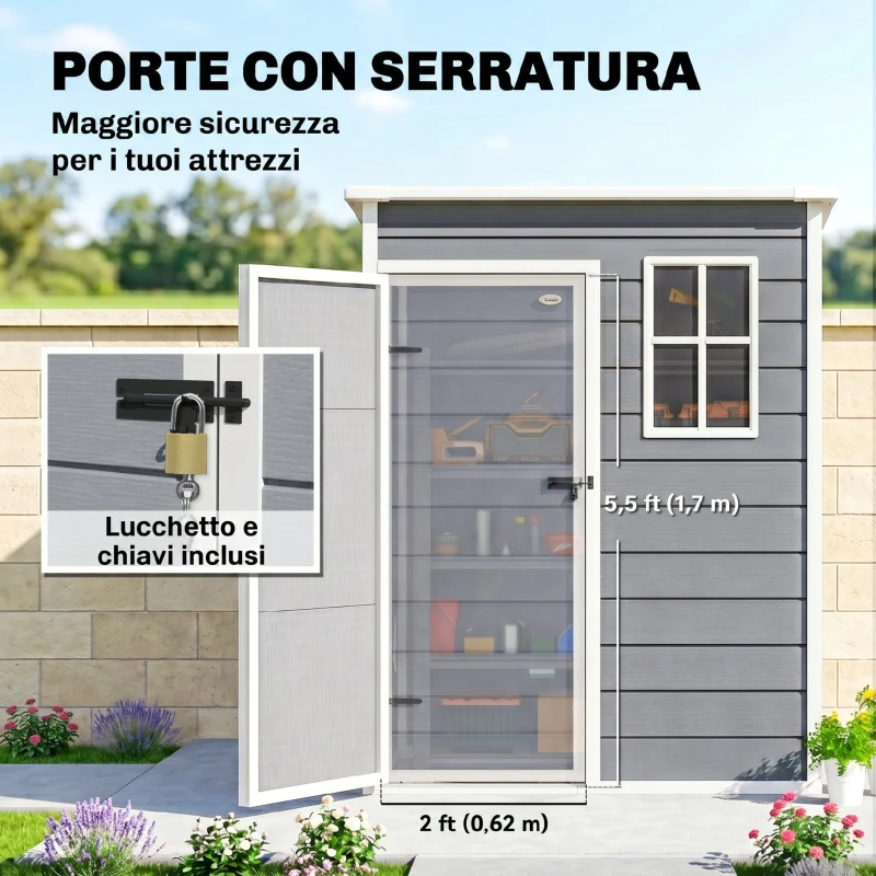Outsunny Casetta da Giardino Porta Attrezzi in Resina con Porta Bloccabile, Finestra e Presa d'Aria, Grigio