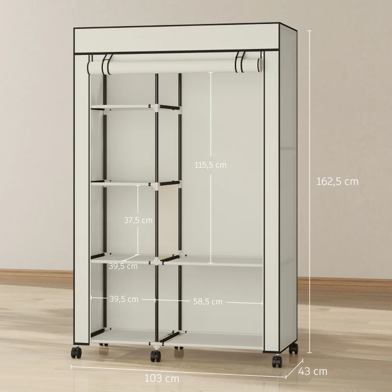 HOMCOM Roupeiro de Tecido Dobrável com 6 Prateleiras 1 Barra de Pendurar e Rodas para Dormitório Vestidor 103x43x162,5 cm Creme