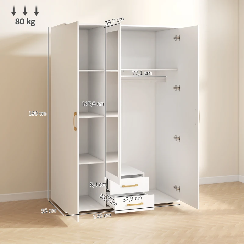 HOMCOM Armadio Moderno con Specchio, 3 Ante e 2 Cassetti, 120155x180 cm, Bianco