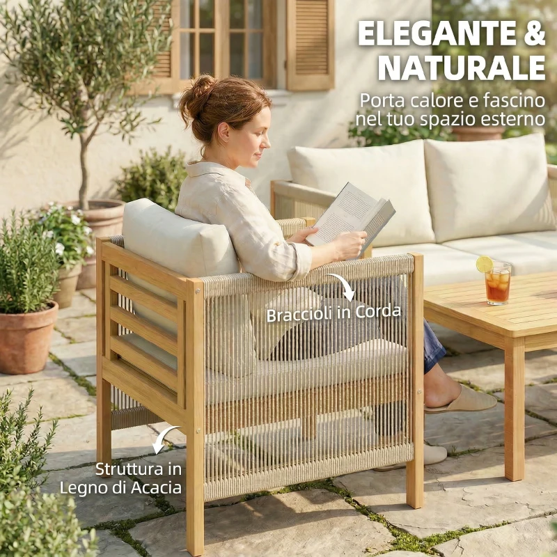 Outsunny Salotto da Giardino 4pz con Divanetto 2 Posti, 2 Poltrone e Tavolino a Doghe in Legno di Acacia Beige